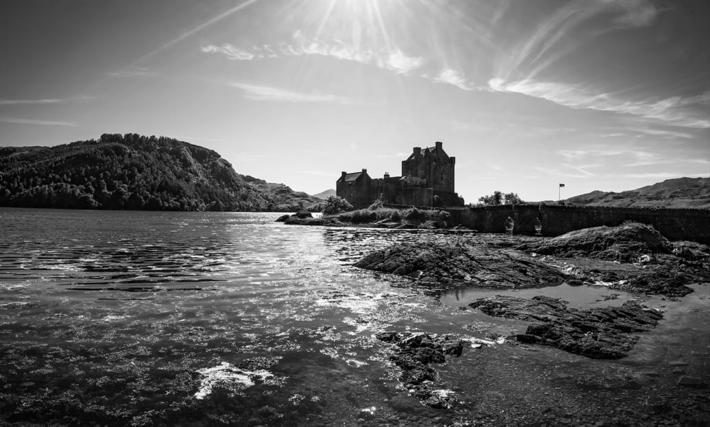 black & white photograph Eilean Donan Castle